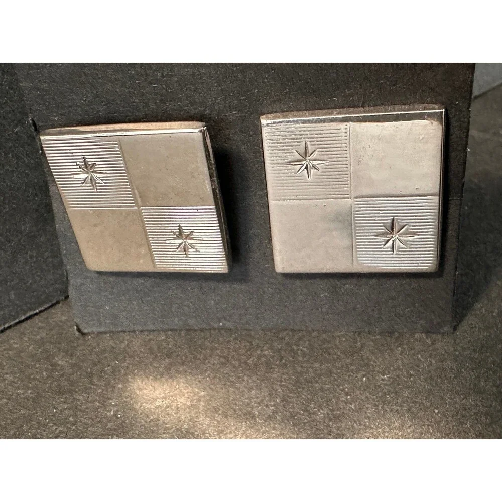 Vintage Silver Tone Cufflinks 3/4” Square in Square Starburst Design